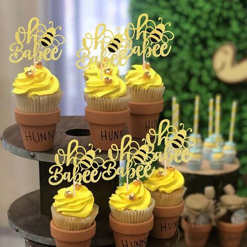 Rsstarxi 24 Pack Bumble Bee Oh Babee Cupcake Toppers Gold Glitter Bee Oh Baby Cupcake Picks for Baby Shower Gender Reveal Kids Boys Girls Birthday Party Cake Decorations Supplies in Kuwait