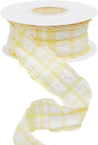 10 Yards 5/8 Inch Yellow Checkered Ribbon Plaid Ribbon Gingham Double Chiffon Ruffled Edge Silk Ribbon with Spool for Gift Wrapping Wedding Invitations Bouquets Christmas Decor Craft in Saudi Arabia