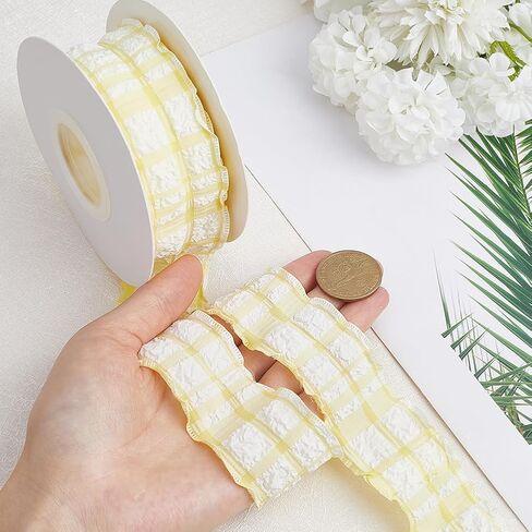 10 Yards 5/8 Inch Yellow Checkered Ribbon Plaid Ribbon Gingham Double Chiffon Ruffled Edge Silk Ribbon with Spool for Gift Wrapping Wedding Invitations Bouquets Christmas Decor Craft in Saudi Arabia