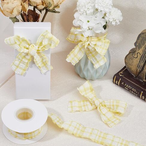 10 Yards 5/8 Inch Yellow Checkered Ribbon Plaid Ribbon Gingham Double Chiffon Ruffled Edge Silk Ribbon with Spool for Gift Wrapping Wedding Invitations Bouquets Christmas Decor Craft in Saudi Arabia