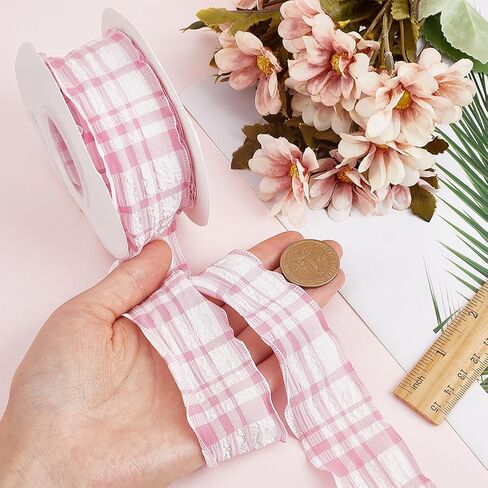 10 Yards 5/8 Inch Yellow Checkered Ribbon Plaid Ribbon Gingham Double Chiffon Ruffled Edge Silk Ribbon with Spool for Gift Wrapping Wedding Invitations Bouquets Christmas Decor Craft in Saudi Arabia