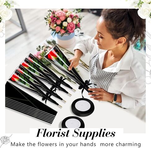 Teling 150 Pcs White Single Flower Sleeves Wrapping Bags Single Rose Florist Bouquet Packaging Bags Flower Bouquet Wrapping Bulk Mother's Day with 2 Ribbon for Wedding Birthday Gifts Supplies in Saudi Arabia