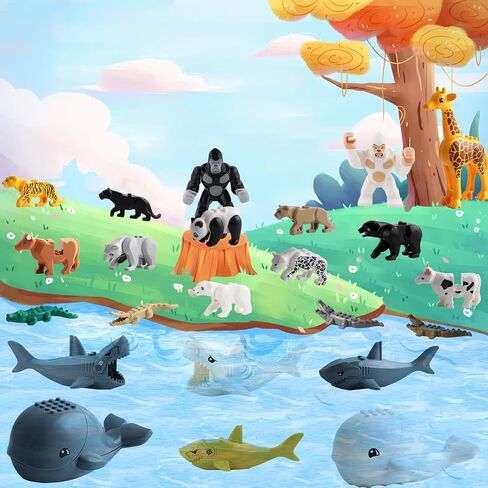 24 PCS Building Blocks Toy, Animal Figures Minifigures Set, Jungle Zoo City Bricks Toy with Orangutan, Panda, Giraffe & More, Compatible with Major Brand in Saudi Arabia