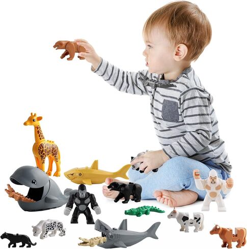24 PCS Building Blocks Toy, Animal Figures Minifigures Set, Jungle Zoo City Bricks Toy with Orangutan, Panda, Giraffe & More, Compatible with Major Brand in Saudi Arabia
