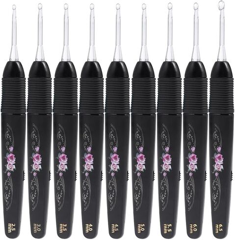 Tehaux تضيء مجموعة خطاف الكروشيه ، 9pcs خطافات الكروشيه LED ، الأحجام من 2.5 إلى 6.5 ملم ، طباعة زهرة ، مثالية لمستلزمات المبتدئين المبتدئين (أسود) in Saudi Arabia