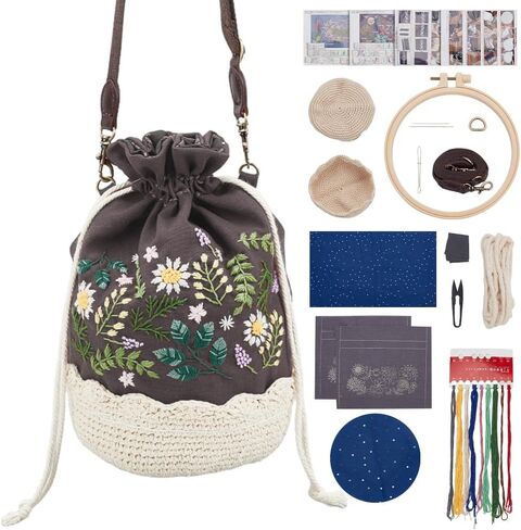 FREEBLOSS Embroidery Bucket Bag Kit Flower Style Embroidery Kit with Instruction Women Handmade Bucket Bag Cotton Embroidery Starter Kit for Beginners Adults in Saudi Arabia