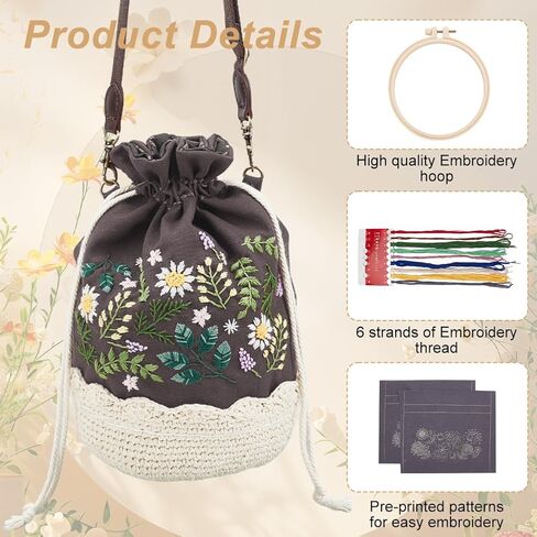 FREEBLOSS Embroidery Bucket Bag Kit Flower Style Embroidery Kit with Instruction Women Handmade Bucket Bag Cotton Embroidery Starter Kit for Beginners Adults in Saudi Arabia