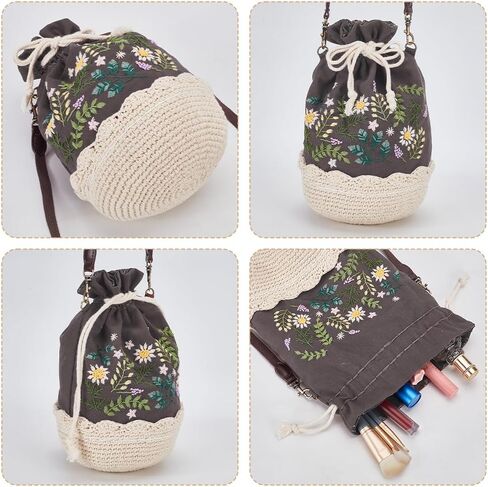 FREEBLOSS Embroidery Bucket Bag Kit Flower Style Embroidery Kit with Instruction Women Handmade Bucket Bag Cotton Embroidery Starter Kit for Beginners Adults in Saudi Arabia