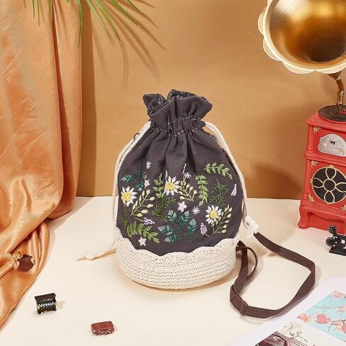 FREEBLOSS Embroidery Bucket Bag Kit Flower Style Embroidery Kit with Instruction Women Handmade Bucket Bag Cotton Embroidery Starter Kit for Beginners Adults in Saudi Arabia