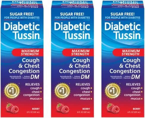 دواء السعال من Diabetic Tussin DM ذو القوة القصوى مع تخفيف احتقان الصدر - 8 أونصة سائلة - شراب السعال السائل، آمن لمرضى السكر، بنكهة التوت، عبوتان in Kuwait