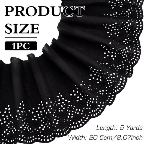 MAYJOYDIY 5 Yards×8.1inch Black Embroidery Scalloped Cotton Eyelet Lace Trim Wavy Edge Floral Lace Ribbon Floral Ruffle Lace Trim for Sewing Dresses Clothes Bag Gift Wrapping in Kuwait