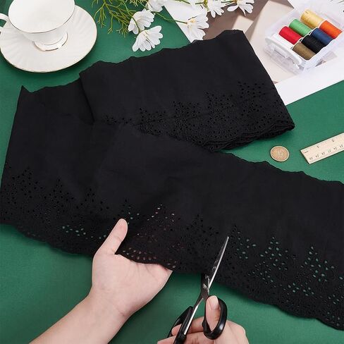 MAYJOYDIY 5 Yards×8.1inch Black Embroidery Scalloped Cotton Eyelet Lace Trim Wavy Edge Floral Lace Ribbon Floral Ruffle Lace Trim for Sewing Dresses Clothes Bag Gift Wrapping in Kuwait
