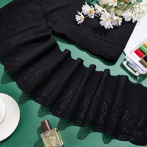 MAYJOYDIY 5 Yards×8.1inch Black Embroidery Scalloped Cotton Eyelet Lace Trim Wavy Edge Floral Lace Ribbon Floral Ruffle Lace Trim for Sewing Dresses Clothes Bag Gift Wrapping in Kuwait