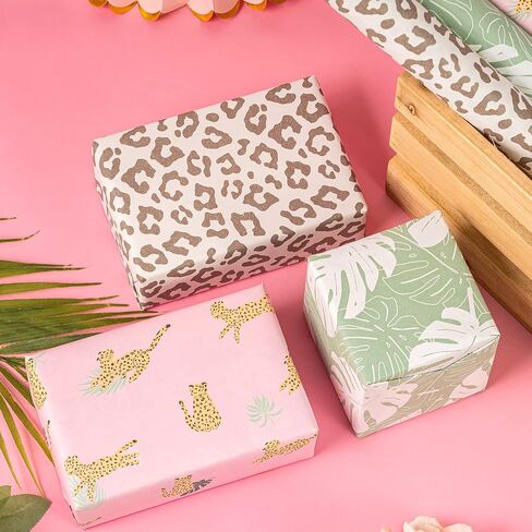 RUSPEPA Kraft Wrapping Paper Rolls - Mini Roll - for Wedding, Baby Shower, Birthday- 17 inches x 10 feet per Roll, Total of 3 Rolls, Leopard in Kuwait