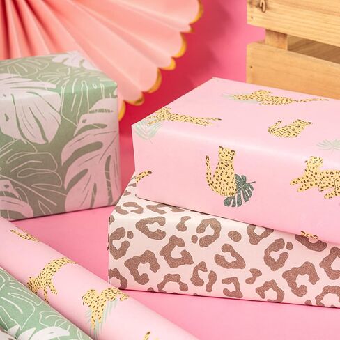 RUSPEPA Kraft Wrapping Paper Rolls - Mini Roll - for Wedding, Baby Shower, Birthday- 17 inches x 10 feet per Roll, Total of 3 Rolls, Leopard in Kuwait