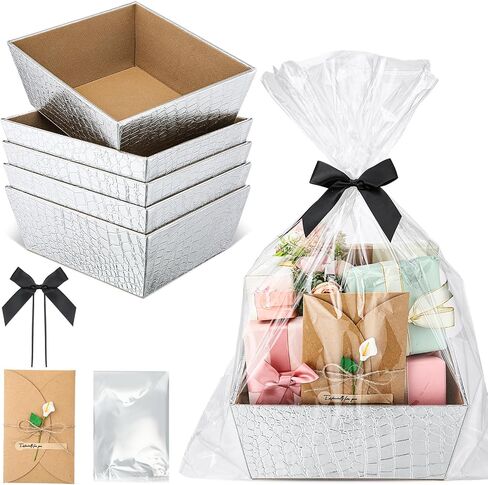 Wonderjune 5 Set Leather Empty Gift Basket with Gift Bags Bow Ribbons Greeting Cards 9.8x8.3x3.5'' Empty Basket for Wedding Gifts Career Advancement Birthday Snack Storage Favor(Black) in Kuwait