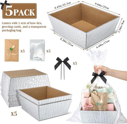 Wonderjune 5 Set Leather Empty Gift Basket with Gift Bags Bow Ribbons Greeting Cards 9.8x8.3x3.5'' Empty Basket for Wedding Gifts Career Advancement Birthday Snack Storage Favor(Black) in Kuwait