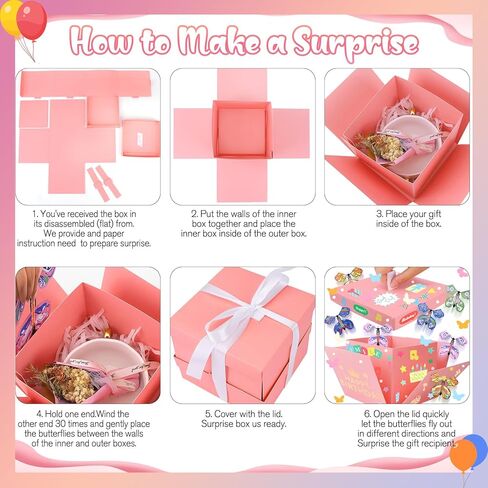 Butterfly Explosion Pink Gift Box ، DIY Surprise Surprise Out ، صندوق الفراشة الطائر ، Surprise Pink Exploding Gift Fox لعيد الفصح ، عيد الأم ، التخرج ، أعياد الميلاد ، حفل زفاف ، ذكرى سنوية in Kuwait