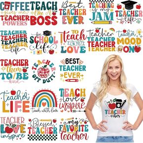 Boho Teacher Iron on Transfers ، 20 PCS School DTF جاهزة للضغط على عمليات نقل Tshirts والملابس ، الحديد القابل للتخصيص على الشارات لحقائب Bag Bag ، تقدير معلم التقدير