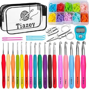 Tiazey 17 Size Complete Crochet Hooks Set ، مجموعة الكروشيه الغزل للمبتدئين ، خطافات الكروشيه الناعمة الناعمة مع حالة من الكروشيه الأيدي التهاب المفاصل (1.25 مم-10 مم)