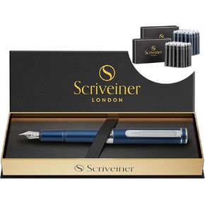 Scriveiner Luxury Edc Fountain Pen (غرامة) ، قلم جيب Matt Green المذهل ، تشطيب الكروم ، حزمة مع خراطيش حبر القلم النافورة - Black & Blue - 20 International كل صندوق ، مصنوع في المملكة المتحدة