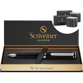 Scriveiner Luxury Edc Fountain Pen (غرامة) ، قلم جيب Matt Green المذهل ، تشطيب الكروم ، حزمة مع خراطيش حبر القلم النافورة - Black & Blue - 20 International كل صندوق ، مصنوع في المملكة المتحدة in Kuwait