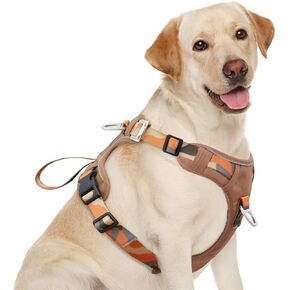 Dog Harness No-Pull with Front & Back D-Rings, Water-Repellent 600D Oxford for Hiking/Training/Walks, Reflective Adjustable Vest, Lightweight Aluminum Hardware Fit for Medium Sized Dogs,Camo Orange, M