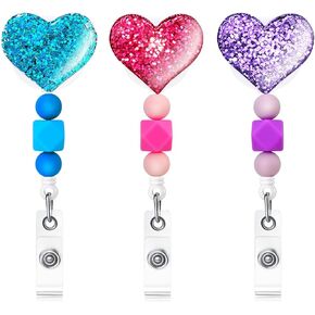 3 Pack Bling Popular Love Heart Badge Reels Retractable with Silicone Beads, 24in ID Badge Holders Retractable with Alligator Clip, Lightweight Women Nurse RN Badge Reel