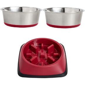 Gorilla Grip Dog Bowl مجموعة من 2 وعاء الكلب البطيء المغذي ، أوعية الحيوانات الأليفة 4 أكواب من الفولاذ المقاوم للصدأ ، أوعية الحيوانات الأليفة 2 كوب منع الإفراط في تناول الطعام ، سواء باللون الأحمر ، حزمة 2 عنصر