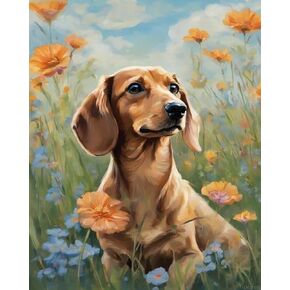 QACEYID DIY Paint by Number for Adults, Dachshund Dog on Flower Lawn Paint by Number Set with Professional Brushes, 40x50cm, No Frame