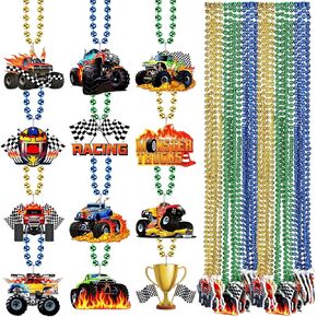 36 Pcs Monster Truck Beaded Necklaces Bulk 12 Types Monster Car Felt Necklaces for Truck Theme Race Car Birthday Party Favor Goodie Bag Stuffers Gifts Decorations