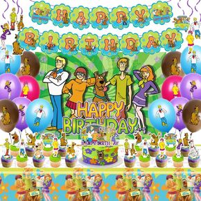 Scooby Dog Doo Doo Doo Party Party Supplies ، بما في ذلك لافتة عيد الميلاد ، مفرش المائدة ، الخلفية ، الدوامات المعلقة ، البالونات ، القبعات العليا للكلاب لوازم حفلة الكلاب