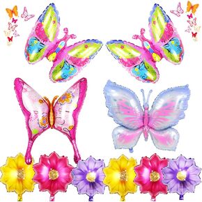 10 PCS FOIL FOIL FLOWER BUTTERFLY BALLOONS ، بالون فراشة ملون مع بالون الأزهار ، وبالونات مايلر على شكل عباد الشمس ، بالونات زهرية في فصل الربيع الصيفي لزخارف حفلة عيد الميلاد (10 مساءً)