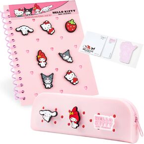 hello kitty a5 دفتر ملاحظات قابل للتخصيص وحالة قلم رصاص مضغوط ، قرطاسية kawaii مع شخصيات chibi دبابيس لزجة ، هدايا أنيمي للأطفال