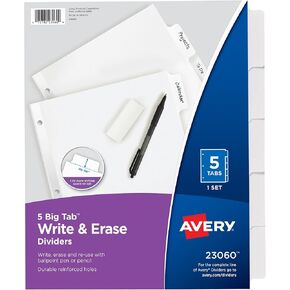 Avery 5-Tab Binder Dividers ، Write & Erase White Big Tabs ، مجموعة واحدة (23060)