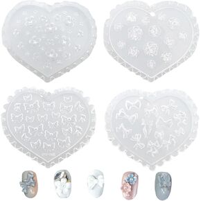 4PCS 3D Flower Nail Art Molds Silicone, Heart Bow Mold Silicone Nail Tools, Resin Accessories for DIY Bow Charms for Nails Design Nail Art Tools