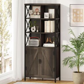 FATORRI Rustic Tall Bookshelf with Doors, Industrial Farmhouse Bookcase with Storage, 6 Cube Storage Organizer Book Shelf for Living Room, Home Office (Rustic Oak, 67 Inch)