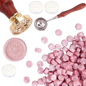 مجموعة ختم الختم زهرة الزهرة الزهرة + 200pcs ختم الوردي حبات الشمع + ملعقة ذوبان + 3pcs شموع لدعوات الزفاف بطاقات بطاقات هدية تغليف حزم النبيذ