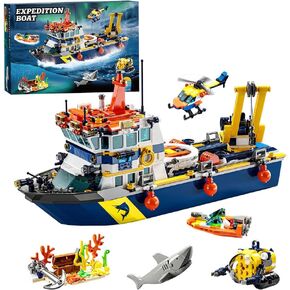 Riceblock City Sciety Scientific Ship Build Sets ، ألعاب بناء فريق استكشاف المحيطات ، مجموعات طراز القوارب الإدارية ، مثالية ، 938 قطعة