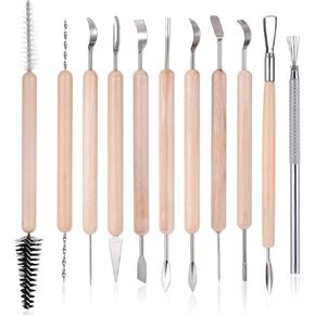 11PCS Clay Tools Wooden Pottery Sculpting Tools Polymer Clay Tools Double-Head Ceramic Modeling Tool Smooth Wooden Handles for Embossing Carving Molding Cutting Trimming Crafting Supplies
