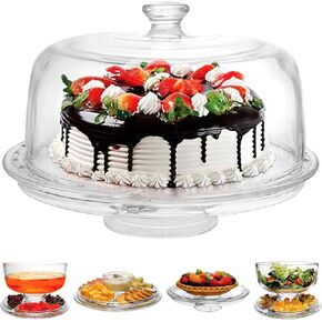Extra Large (12") 6 in 1 Acrylic Cake Stand with Dome Lid Multifunctional Serving Platter and Plate, Salad Bowl/Veggie Platter/Punch Bowl/Desert Platter/Chips & Dip - BPA Free