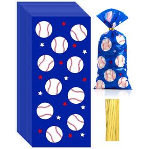Liobelon 100 Pieces Baseball Cellophane Goodie Facs ، حقائب حلوى البيسبول مع علاقات ذهبية تويست ، والرياضة بملفات تعريف الارتباط حقيبة البيسبول.
