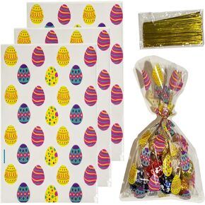 Bashout 100 Easter Cellophane علاج أكياس ، نمط البيض الملون ، وروابط ، أكياس واضحة مثالية للحلوى ، أكياس عيد الفصح الملونة