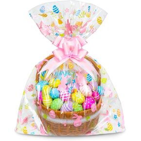 Gomanche 10 Pack Barge Easter Basket Facs ، 24 × 30 بوصة لفائف سلة الفصح مع 10 قطع سحب ، غلاف هدية بلاستيكية لحفل الربيع لصالح لوازم