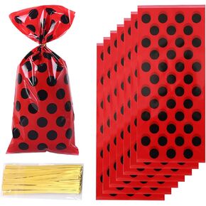 50Pcs Ladybug Red Cellophane Treat Bags Red Bag Black Polka Dot Candy Plastic Bag Ladybug Red Twist Ties Goodie Bags for Ladybug Theme Party Birthday Cute Clear Cellophane Bags for Jungle Safari Party
