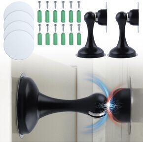 2 Pack Magnetic Door Stoppers Stainless Steel Door Stops Magnetic Door Catch for Wall and Floor Mounting No Drilling Door Stop with Adhesive Tapes & Screws,Black