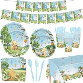 142pcs كلاسيكية دب دش استحمام الطفل أدوات المائدة استحمام الطفل مع لوحات ، منديل ، شوك ، لافتة الكؤوس ومغلق المائدة لمجموعة لوازم حفلة عيد الميلاد يقدم 20 ضيفًا (أصفر)