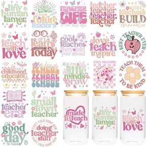UV DTF Cup Wraps - 20 Sheet Teacher UV DTF Transfer Stickers, School UVDTF Cup Wraps for Mug Glass, Waterproof Transfer Sticker, Appreciate Teacher DIY Gifts