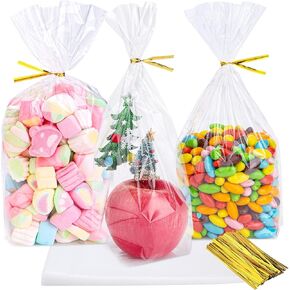 Awpeye 100pcs 5.9 "× 2.4" × 9.8 "أكياس السيلوفان السفلية السفلية السيلوفان أكياس تراكب مسطحة أكياس هدايا بلاستيكية واضحة مع 4 بوصات تويست الذهب لالتفاف الهدايا والزخارف
