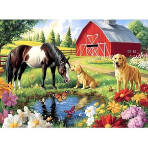 300 Piece Puzzle for Adults, Golden Retriever Horse on Farm Scenic Landscape Jigsaw Puzzle, Jigsaw Puzzles for Adult 300 Piece, Challenging Yet Relaxing 300 Pieces Puzzle Game for Kids Adults Seniors